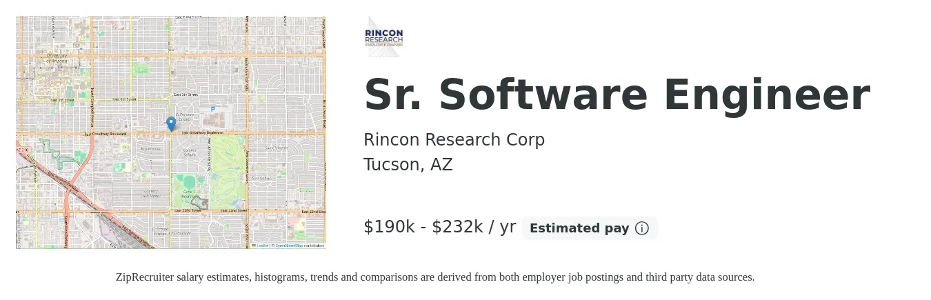 Rincon Research Corp job posting for a Sr. Software Engineer in Tucson, AZ with a salary of $190,000 to $232,000 Yearly with a map of Tucson location.