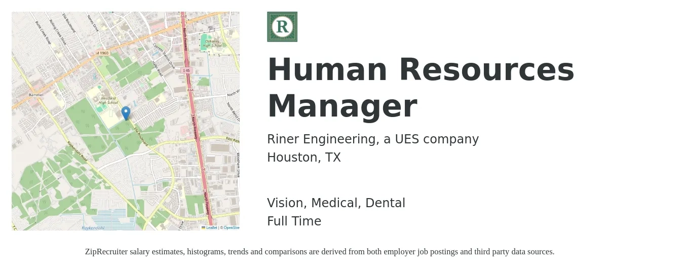 Riner Engineering, a UES company job posting for a Human Resources Manager in Houston, TX with a salary of $65,900 to $95,500 Yearly and benefits including dental, life_insurance, medical, retirement, and vision with a map of Houston location.