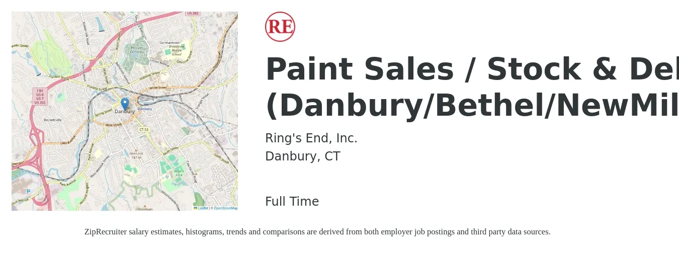 Ring's End, Inc. job posting for a Paint Sales / Stock & Delivery Floater (Danbury/Bethel/NewMilford/Newtown) in Danbury, CT with a salary of $22 to $36 Hourly with a map of Danbury location.