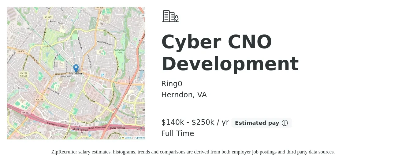 Ring0 job posting for a Cyber CNO Development in Herndon, VA with a salary of $140,000 to $250,000 Yearly with a map of Herndon location.