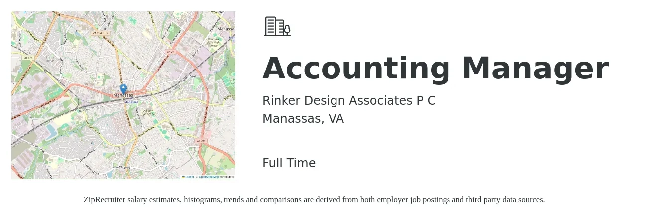 Rinker Design Associates P C job posting for a Accounting Manager in Manassas, VA with a salary of $73,100 to $105,000 Yearly with a map of Manassas location.