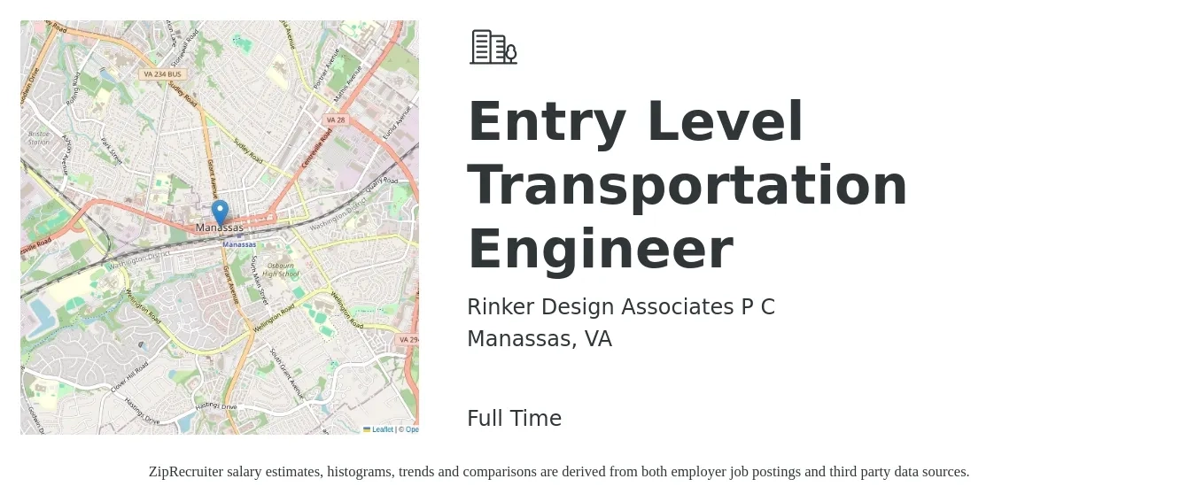 Rinker Design Associates P C job posting for a Entry Level Transportation Engineer in Manassas, VA with a salary of $48,300 to $73,600 Yearly with a map of Manassas location.