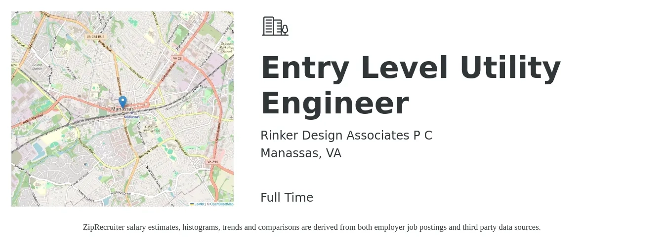 Rinker Design Associates P C job posting for a Entry Level Utility Engineer in Manassas, VA with a salary of $67,000 to $111,100 Yearly with a map of Manassas location.