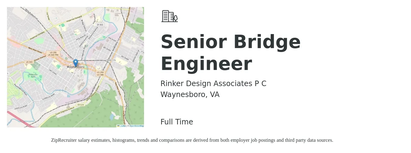 Rinker Design Associates P C job posting for a Senior Bridge Engineer in Waynesboro, VA with a salary of $100,500 to $138,000 Yearly with a map of Waynesboro location.