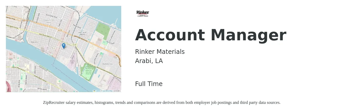 Rinker Materials job posting for a Account Manager in Arabi, LA with a salary of $44,100 to $72,000 Yearly with a map of Arabi location.