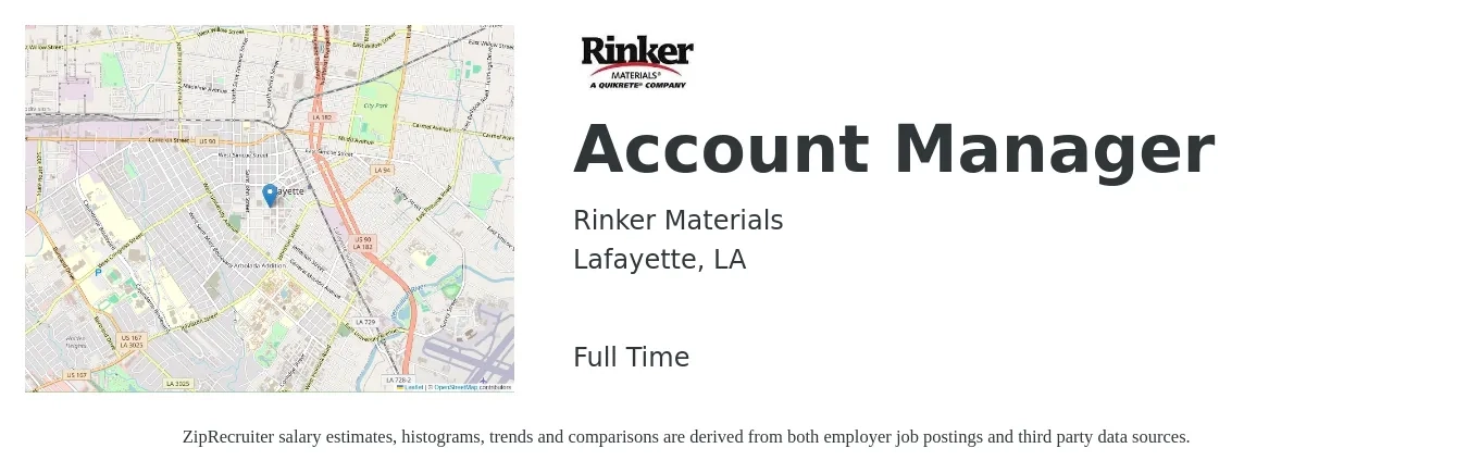 Rinker Materials job posting for a Account Manager in Lafayette, LA with a salary of $45,800 to $75,000 Yearly with a map of Lafayette location.