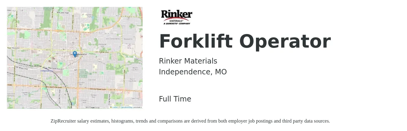 Rinker Materials job posting for a Forklift Operator in Independence, MO with a salary of $16 to $18 Hourly with a map of Independence location.