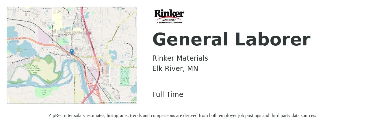 Rinker Materials job posting for a General Laborer in Elk River, MN with a salary of $17 to $21 Hourly with a map of Elk River location.