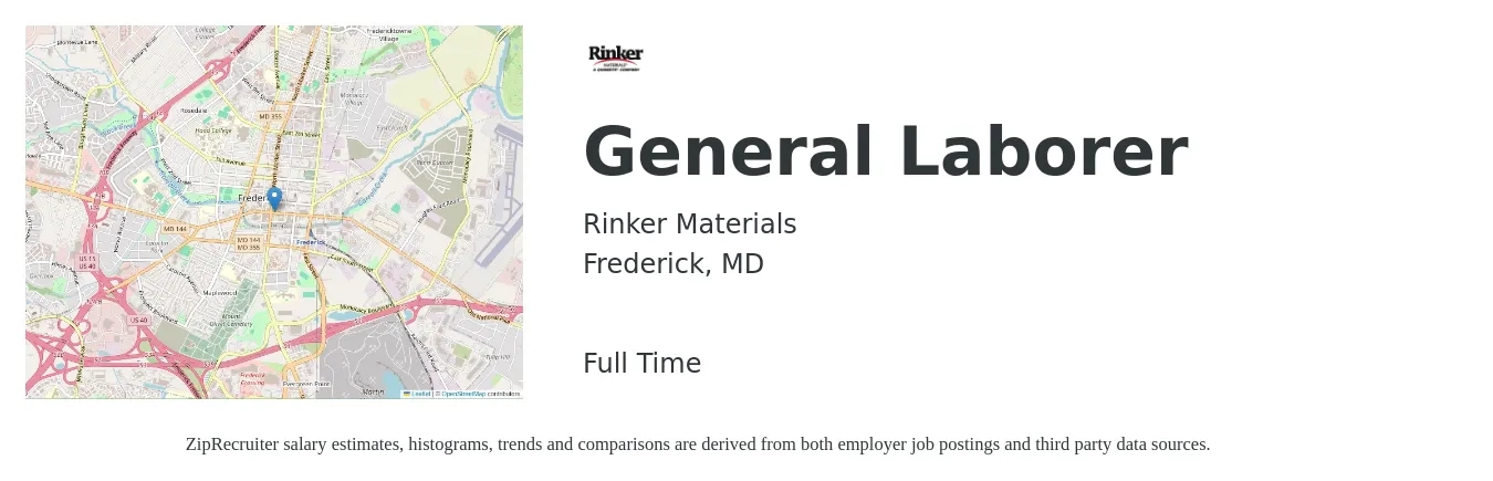 Rinker Materials job posting for a General Laborer in Frederick, MD with a salary of $16 to $20 Hourly with a map of Frederick location.