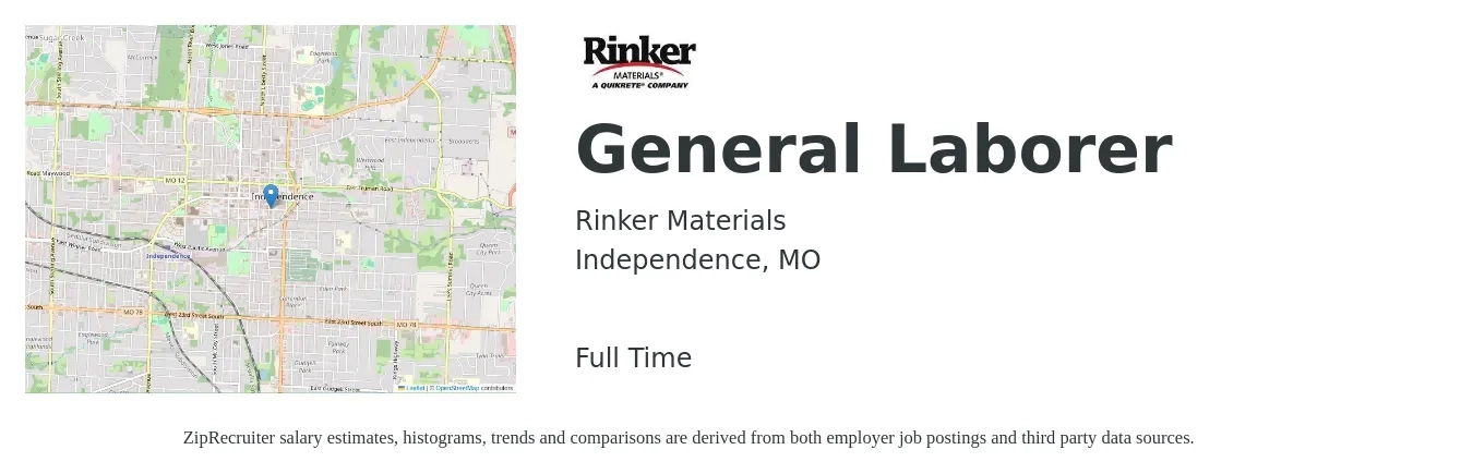 Rinker Materials job posting for a General Laborer in Independence, MO with a salary of $14 to $18 Hourly with a map of Independence location.