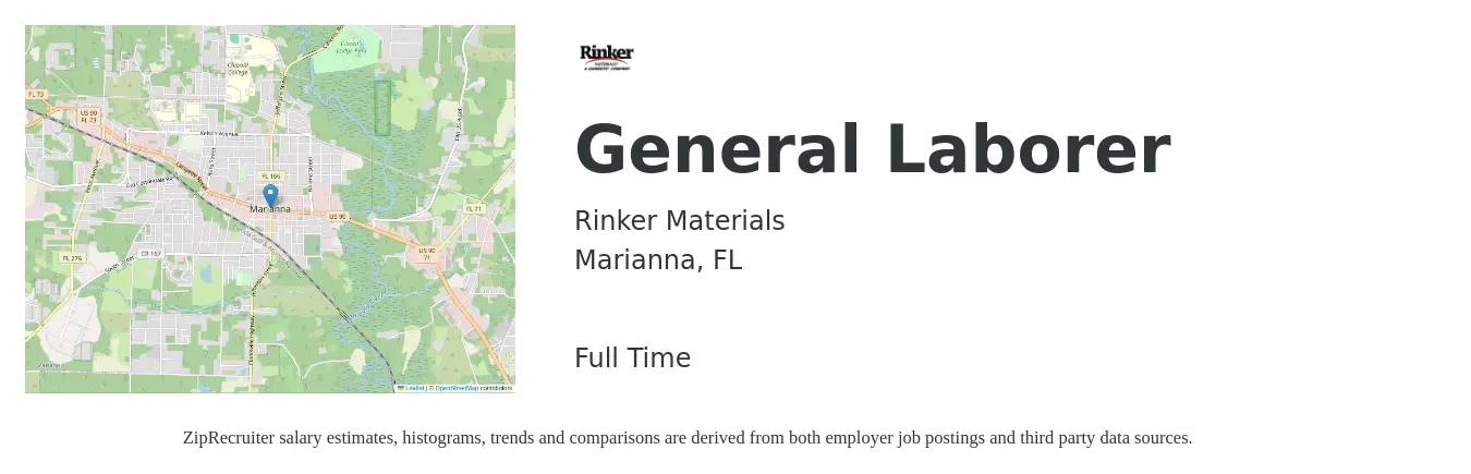 Rinker Materials job posting for a General Laborer in Marianna, FL with a salary of $12 to $14 Hourly with a map of Marianna location.
