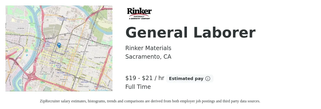 Rinker Materials job posting for a General Laborer in Sacramento, CA with a salary of $20 to $22 Hourly with a map of Sacramento location.
