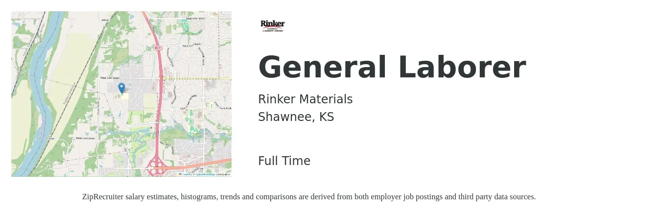 Rinker Materials job posting for a General Laborer in Shawnee, KS with a salary of $15 to $19 Hourly with a map of Shawnee location.