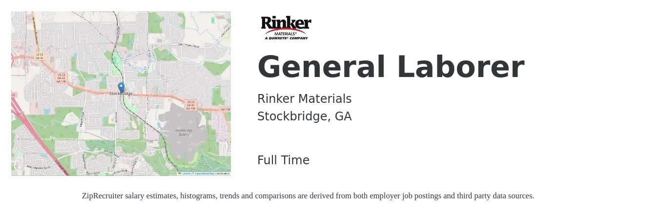 Rinker Materials job posting for a General Laborer in Stockbridge, GA with a salary of $14 to $17 Hourly with a map of Stockbridge location.
