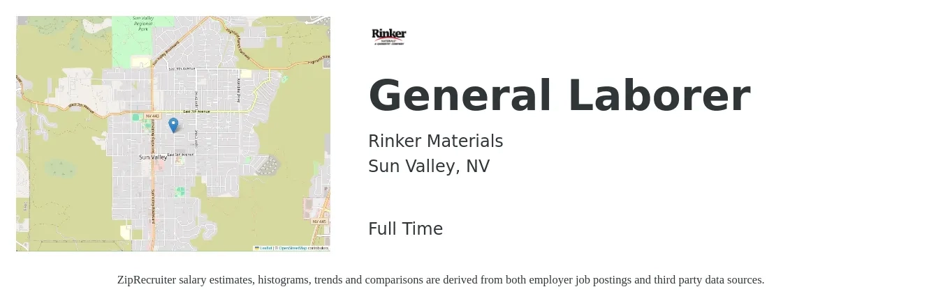 Rinker Materials job posting for a General Laborer in Sun Valley, NV with a salary of $18 to $22 Hourly with a map of Sun Valley location.