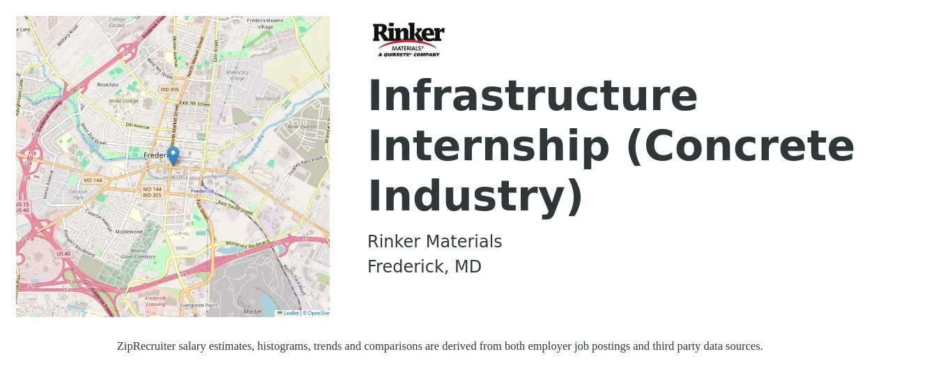 Rinker Materials job posting for a Infrastructure Internship (Concrete Industry) in Frederick, MD with a salary of $4,390 to $7,620 Monthly with a map of Frederick location.