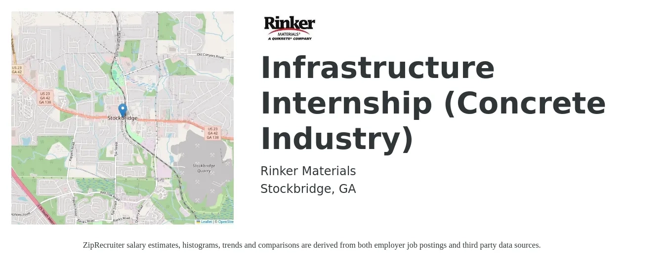 Rinker Materials job posting for a Infrastructure Internship (Concrete Industry) in Stockbridge, GA with a salary of $3,770 to $6,540 Monthly with a map of Stockbridge location.
