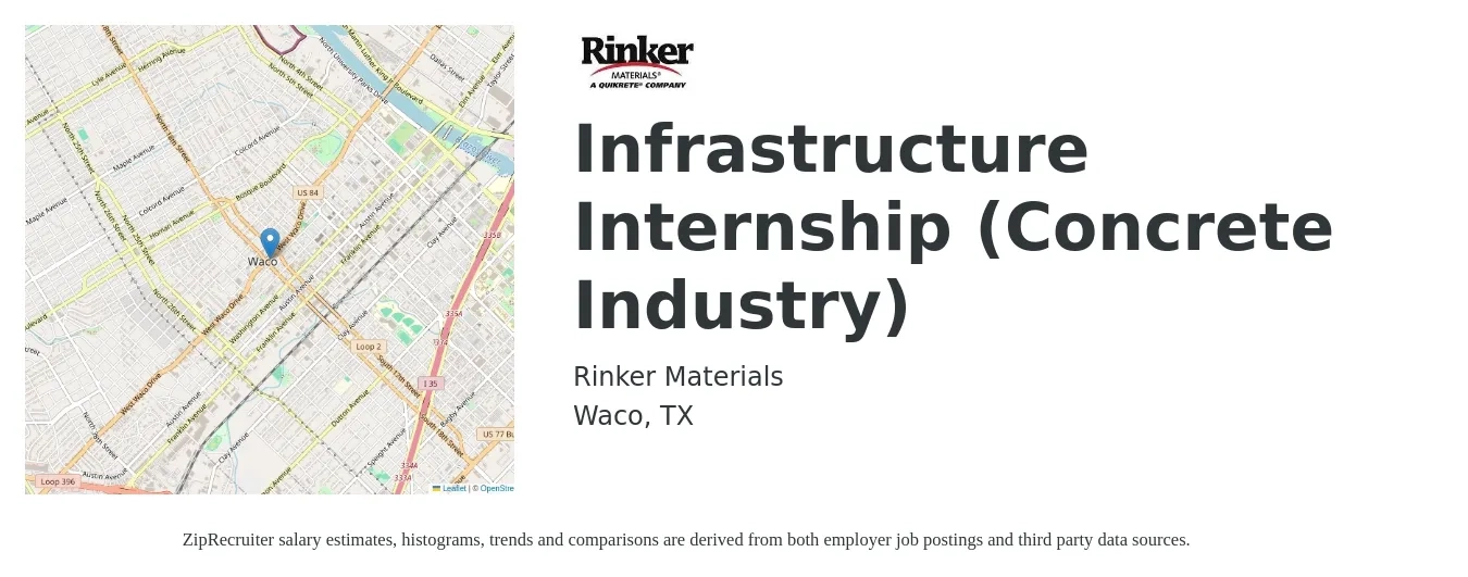 Rinker Materials job posting for a Infrastructure Internship (Concrete Industry) in Waco, TX with a salary of $3,920 to $6,810 Monthly with a map of Waco location.