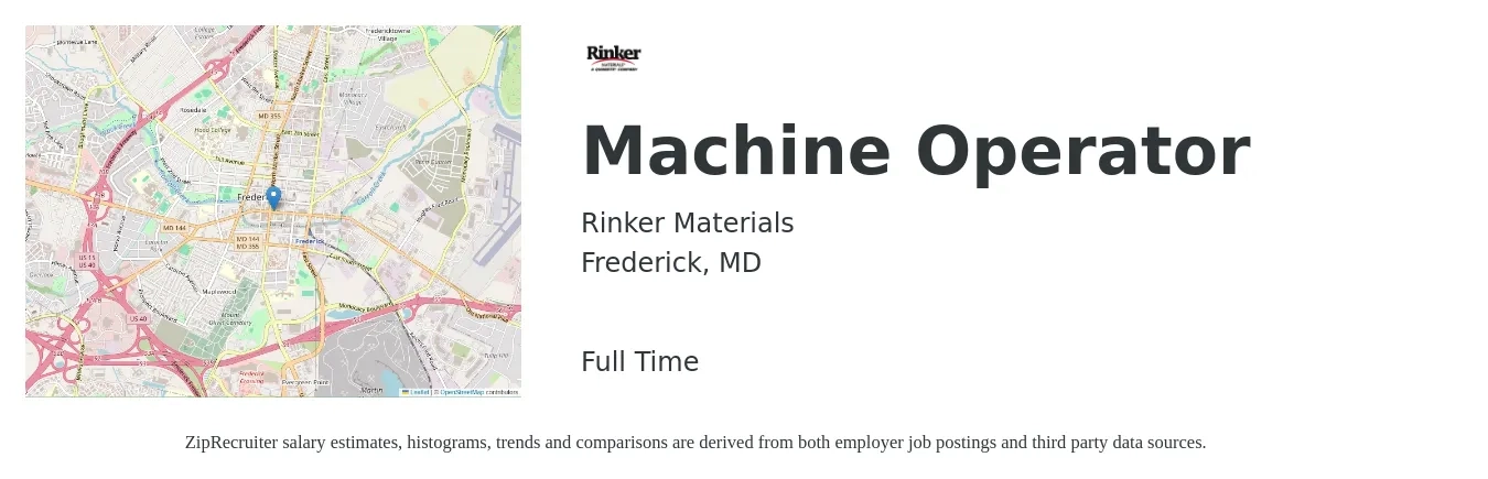 Rinker Materials job posting for a Machine Operator in Frederick, MD with a salary of $17 to $20 Hourly with a map of Frederick location.