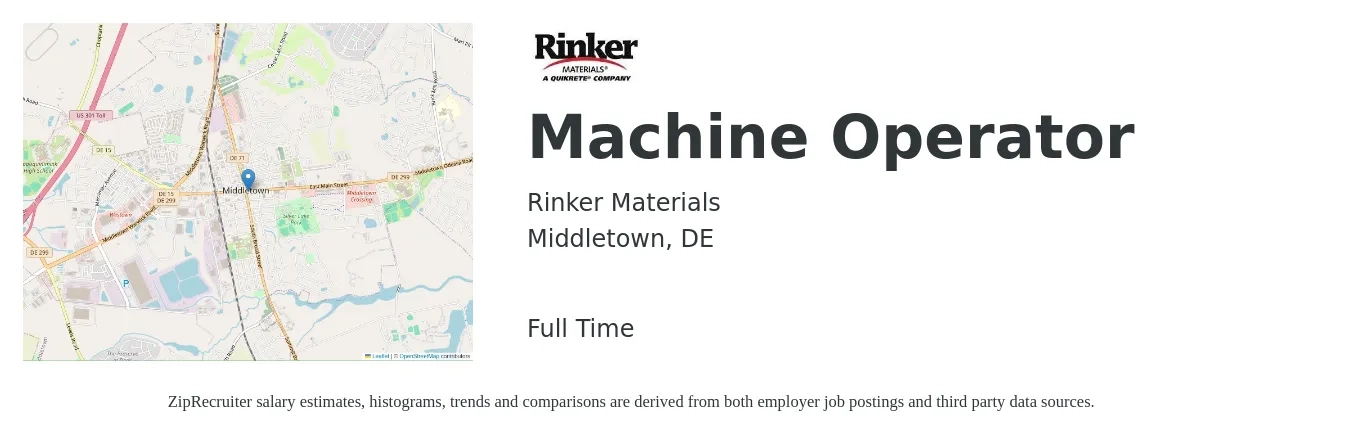 Rinker Materials job posting for a Machine Operator in Middletown, DE with a salary of $16 to $19 Hourly with a map of Middletown location.