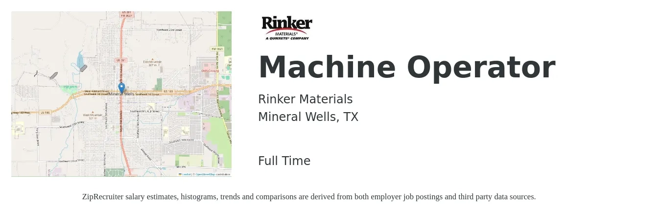 Rinker Materials job posting for a Machine Operator in Mineral Wells, TX with a salary of $16 to $18 Hourly with a map of Mineral Wells location.