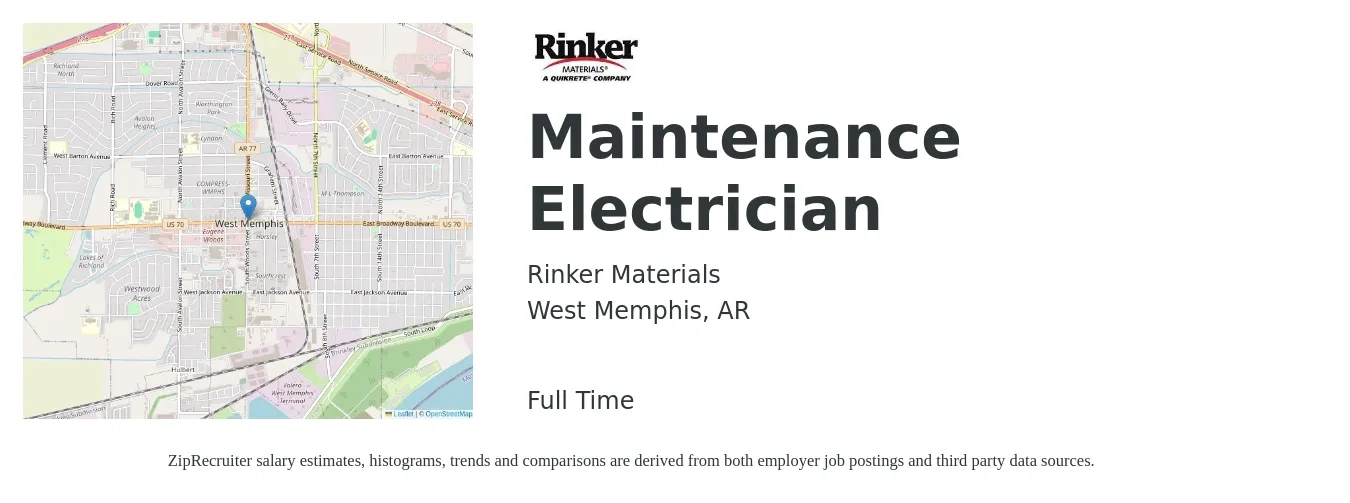 Rinker Materials job posting for a Maintenance Electrician in West Memphis, AR with a salary of $26 to $33 Hourly with a map of West Memphis location.