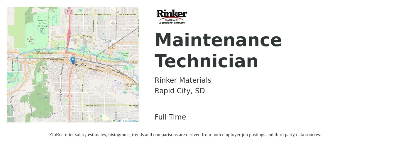 Rinker Materials job posting for a Maintenance Technician in Rapid City, SD with a salary of $19 to $26 Hourly with a map of Rapid City location.