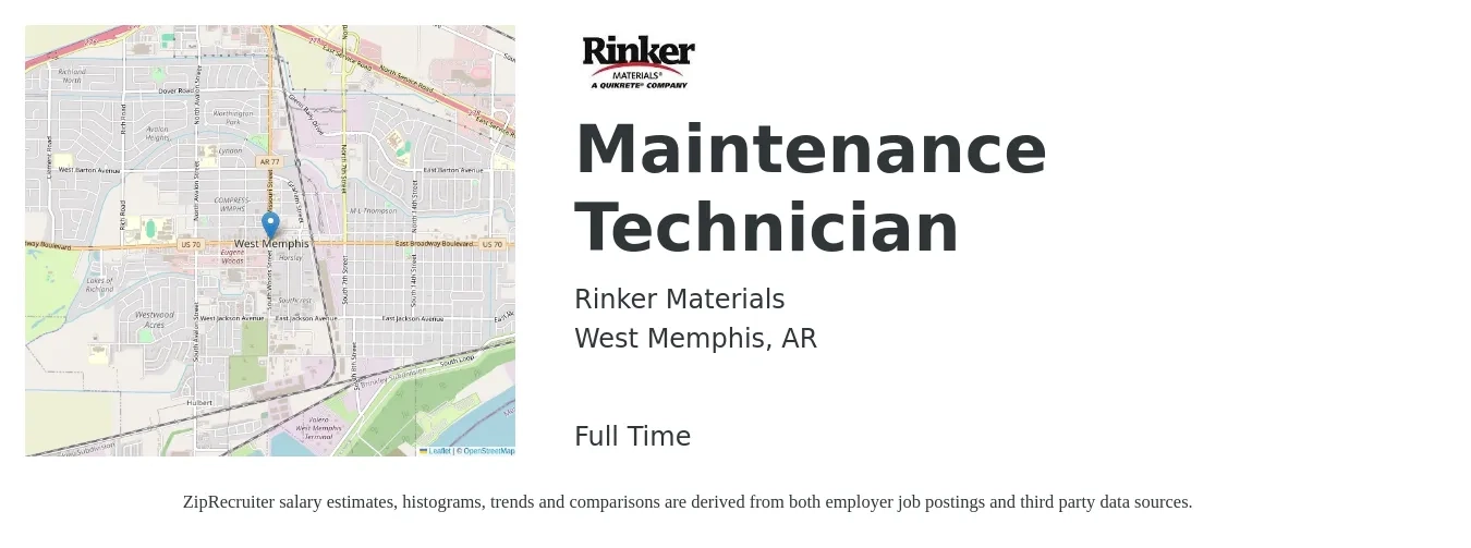 Rinker Materials job posting for a Maintenance Technician in West Memphis, AR with a salary of $18 to $25 Hourly with a map of West Memphis location.