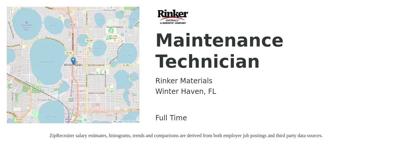 Rinker Materials job posting for a Maintenance Technician in Winter Haven, FL with a salary of $17 to $24 Hourly with a map of Winter Haven location.
