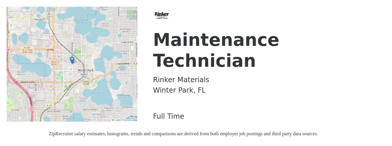 Rinker Materials job posting for a Maintenance Technician in Winter Park, FL with a salary of $18 to $25 Hourly with a map of Winter Park location.