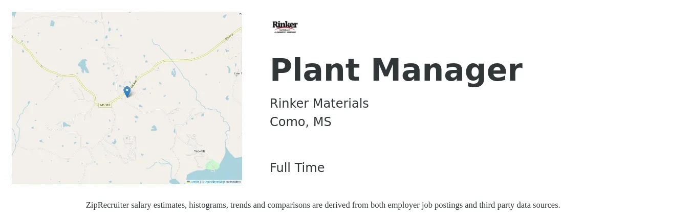 Rinker Materials job posting for a Plant Manager in Como, MS with a salary of $83,200 to $128,500 Yearly with a map of Como location.