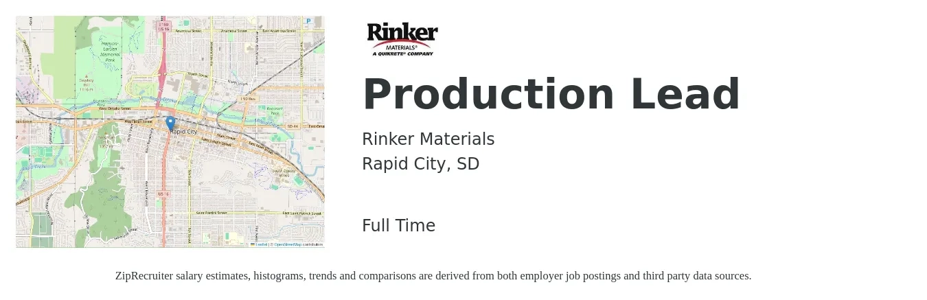 Rinker Materials job posting for a Production Lead in Rapid City, SD with a salary of $18 to $26 Hourly with a map of Rapid City location.