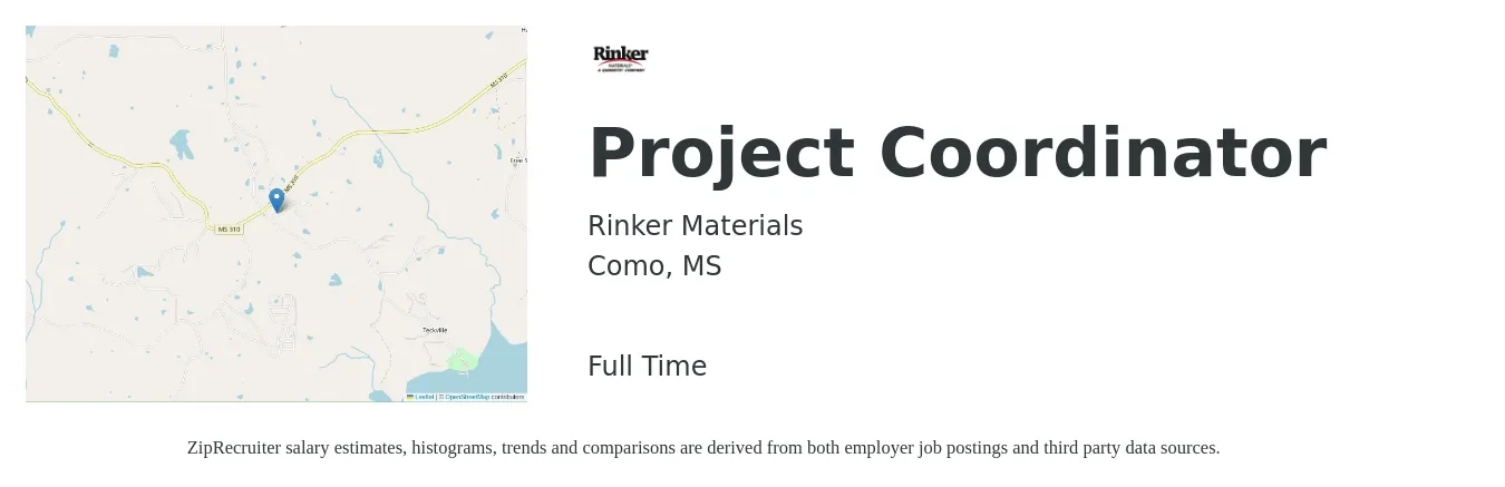 Rinker Materials job posting for a Project Coordinator in Como, MS with a salary of $19 to $28 Hourly with a map of Como location.