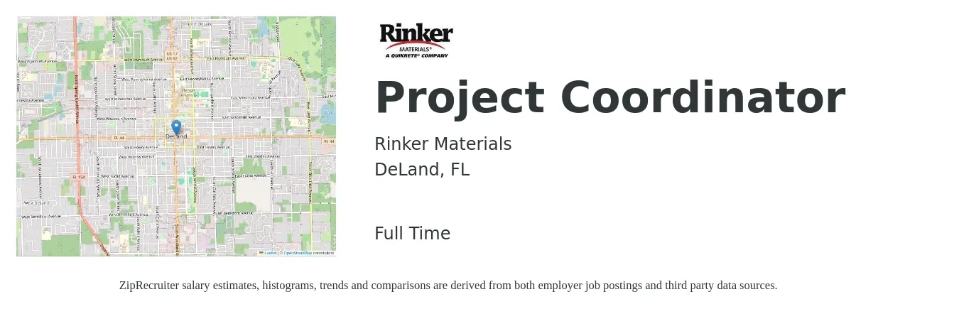 Rinker Materials job posting for a Project Coordinator in DeLand, FL with a salary of $21 to $31 Hourly with a map of DeLand location.