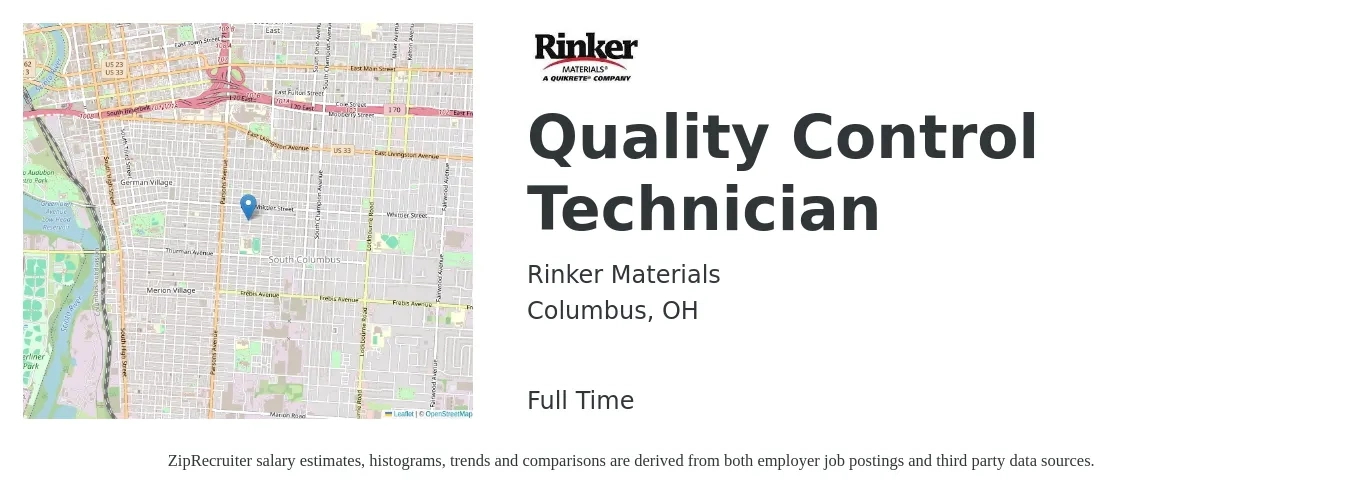 Rinker Materials job posting for a Quality Control Technician in Columbus, OH with a salary of $18 to $23 Hourly with a map of Columbus location.