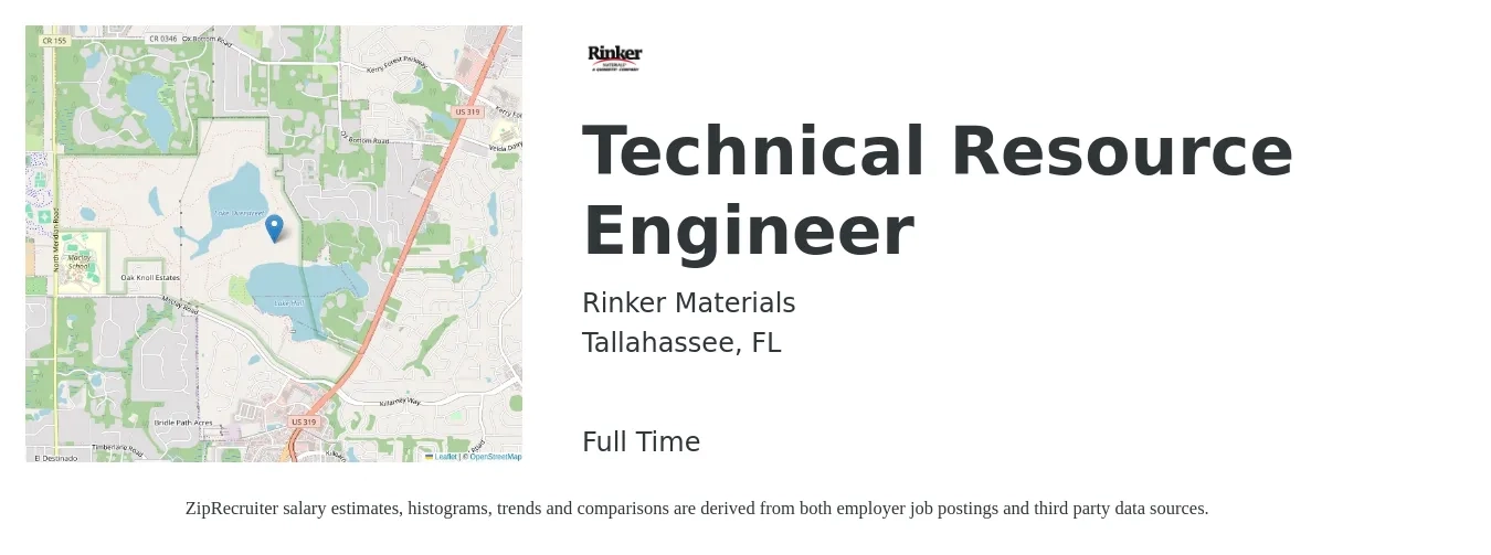 Rinker Materials job posting for a Technical Resource Engineer in Tallahassee, FL with a salary of $94,000 to $135,800 Yearly with a map of Tallahassee location.