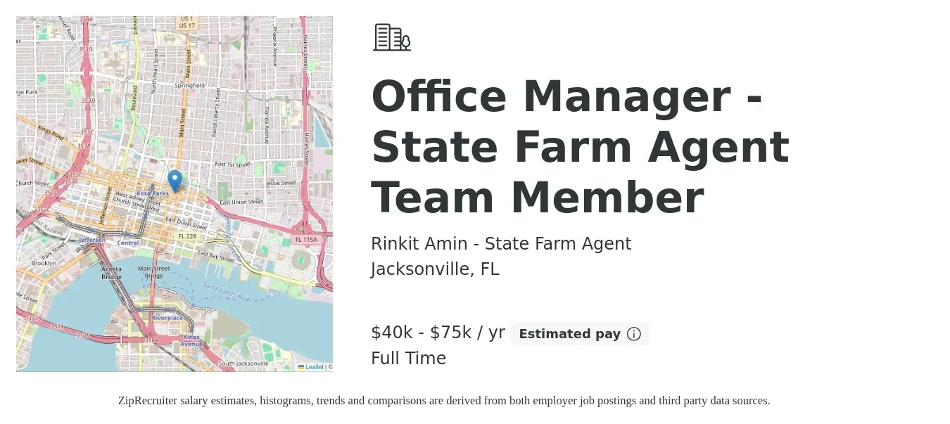 Rinkit Amin - State Farm Agent job posting for a Office Manager - State Farm Agent Team Member in Jacksonville, FL with a salary of $40,000 to $75,000 Yearly with a map of Jacksonville location.