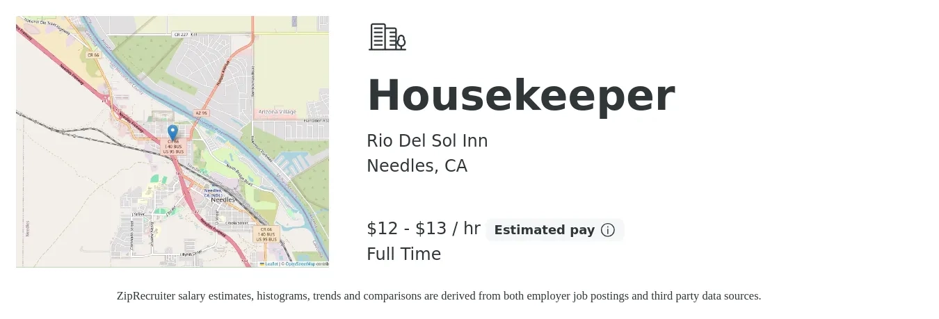 Rio Del Sol Inn job posting for a Housekeeper in Needles, CA with a salary of $13 to $14 Hourly with a map of Needles location.