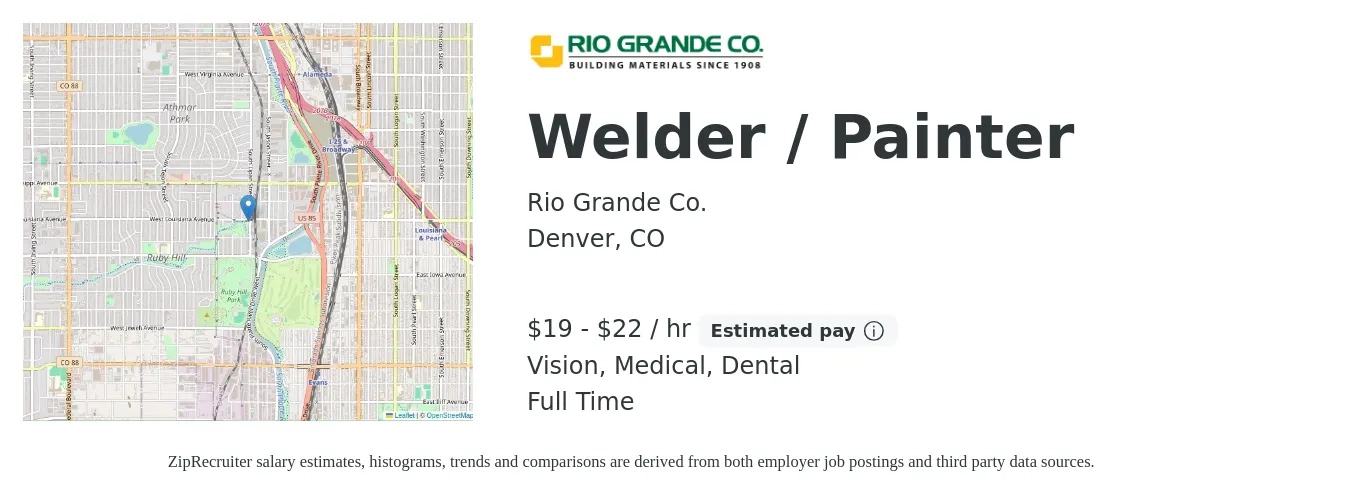 Rio Grande Co. job posting for a Welder / Painter in Denver, CO with a salary of $20 to $23 Hourly and benefits including retirement, vision, dental, life_insurance, medical, and pto with a map of Denver location.