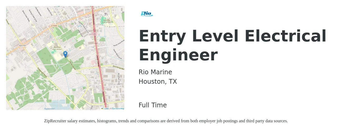 Rio Marine job posting for a Entry Level Electrical Engineer in Houston, TX with a salary of $59,000 to $93,900 Yearly with a map of Houston location.