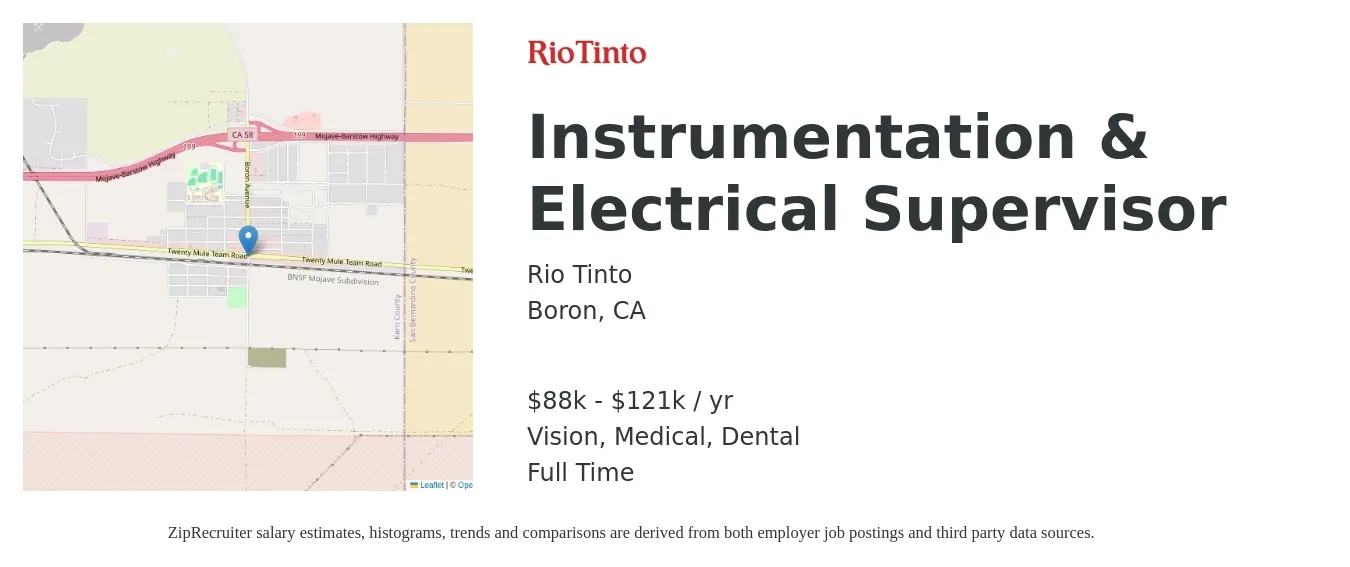 Rio Tinto job posting for a Instrumentation & Electrical Supervisor in Boron, CA with a salary of $88,080 to $121,110 Yearly and benefits including dental, life_insurance, medical, retirement, and vision with a map of Boron location.