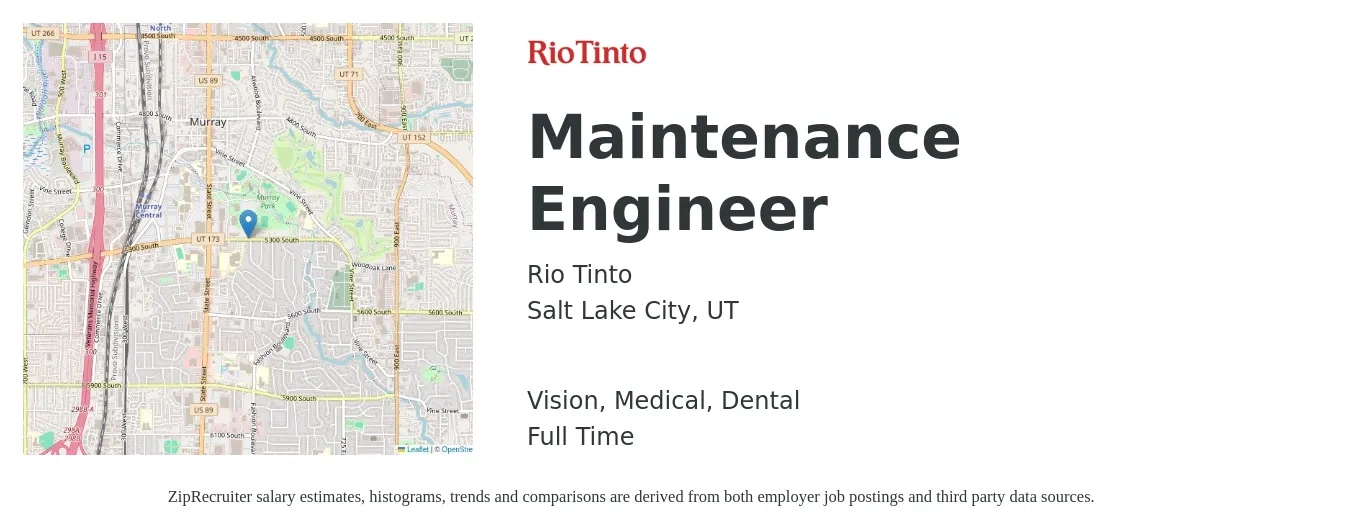Rio Tinto job posting for a Maintenance Engineer in Salt Lake City, UT with a salary of $18 to $32 Hourly and benefits including vision, dental, life_insurance, medical, pto, and retirement with a map of Salt Lake City location.