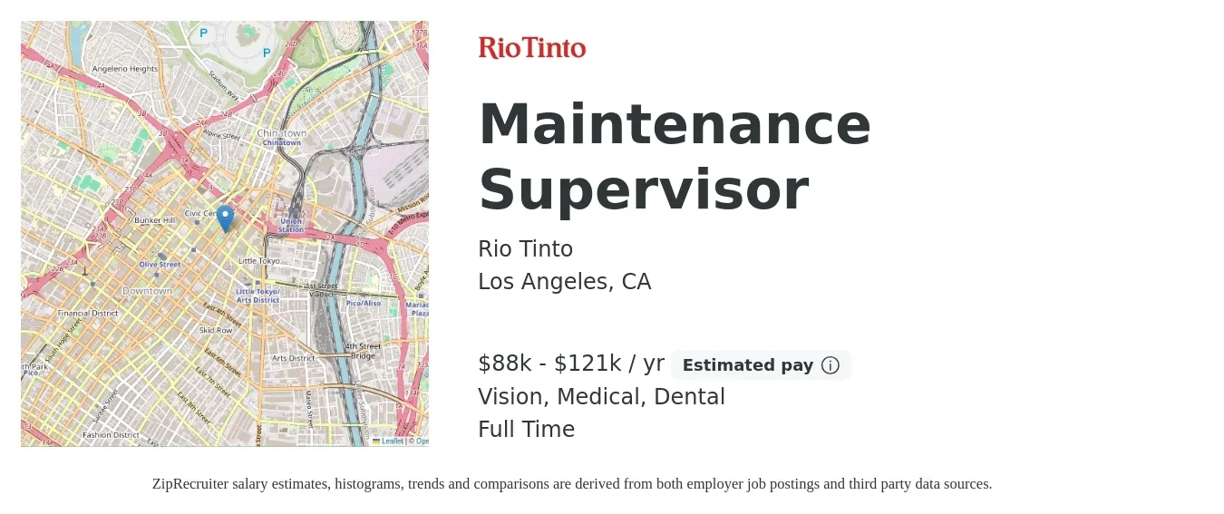Rio Tinto job posting for a Maintenance Supervisor in Los Angeles, CA with a salary of $88,080 to $121,110 Yearly and benefits including dental, life_insurance, medical, pto, retirement, and vision with a map of Los Angeles location.