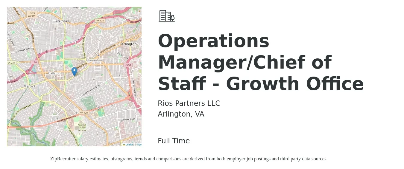 Rios Partners LLC job posting for a Operations Manager/Chief of Staff - Growth Office in Arlington, VA with a salary of $45,700 to $64,000 Yearly with a map of Arlington location.