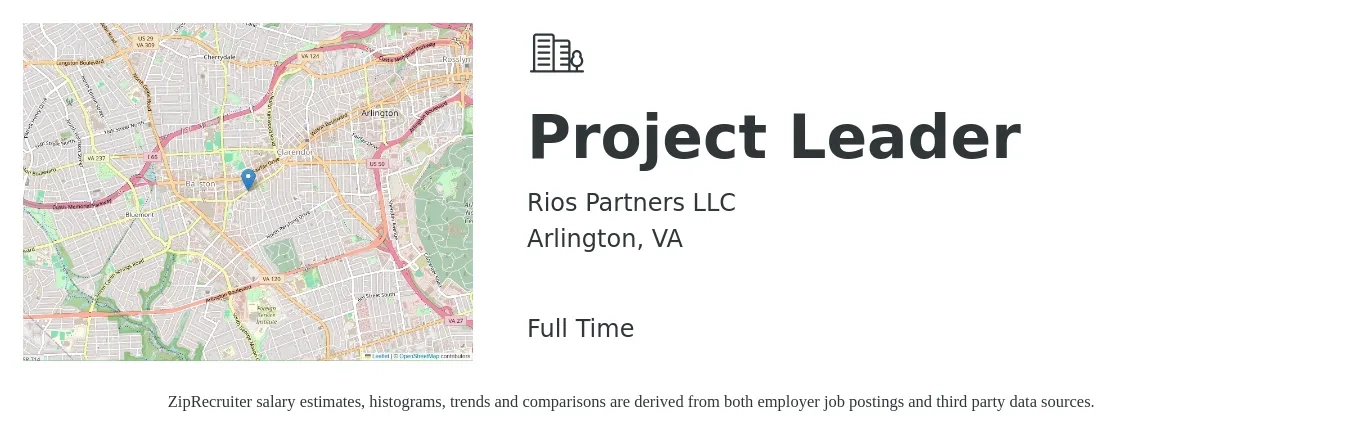 Rios Partners LLC job posting for a Project Leader in Arlington, VA with a salary of $29 to $57 Hourly with a map of Arlington location.