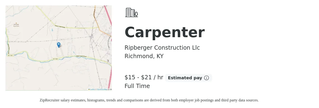 Ripberger Construction Llc job posting for a Carpenter in Richmond, KY with a salary of $16 to $22 Hourly with a map of Richmond location.