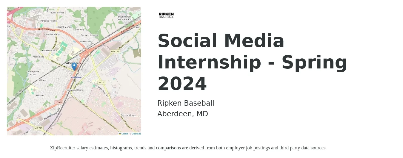 Ripken Baseball job posting for a Social Media Internship - Spring 2024 in Aberdeen, MD with a salary of $16 to $21 Hourly with a map of Aberdeen location.