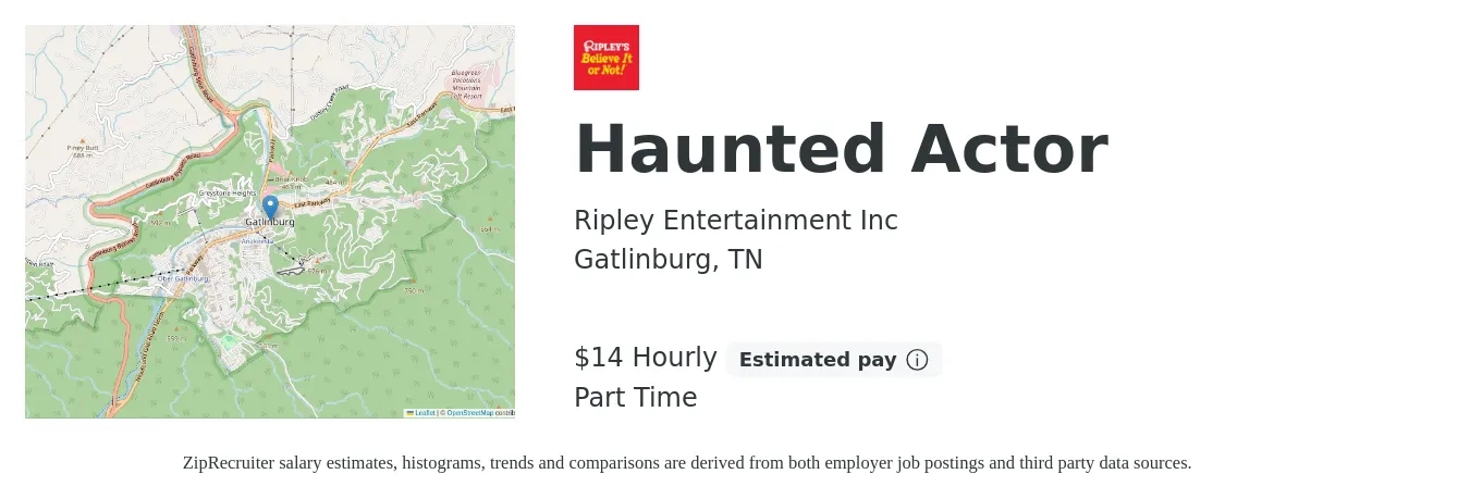 Ripley Entertainment Inc job posting for a Haunted Actor in Gatlinburg, TN with a salary of $15 Hourly with a map of Gatlinburg location.