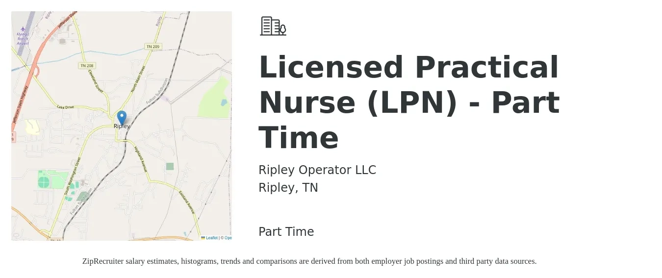 Ripley Operator LLC job posting for a Licensed Practical Nurse (LPN) - Part Time in Ripley, TN with a salary of $23 to $31 Hourly with a map of Ripley location.