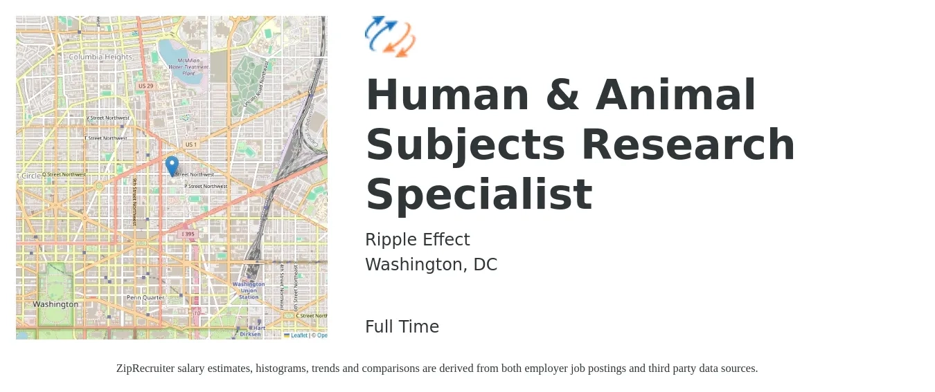 Ripple Effect job posting for a Human & Animal Subjects Research Specialist in Washington, DC with a salary of $70,000 to $130,000 Yearly with a map of Washington location.